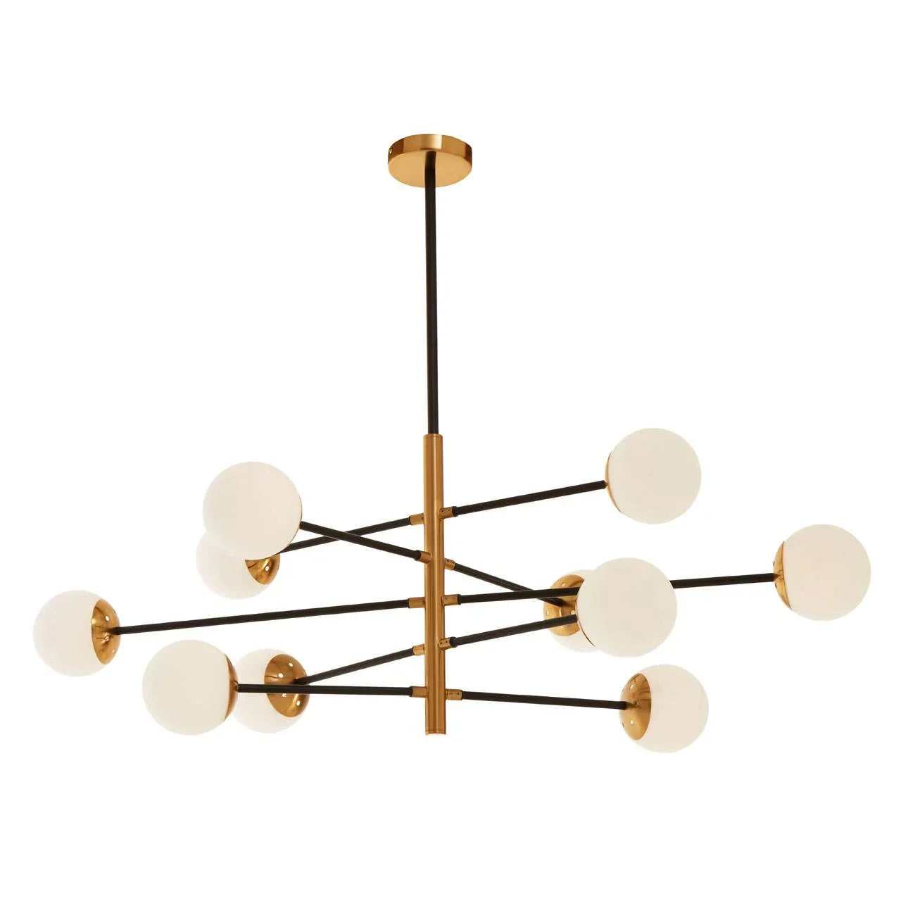 Contemporary chandelier with gold frame and eight frosted glass globe lights