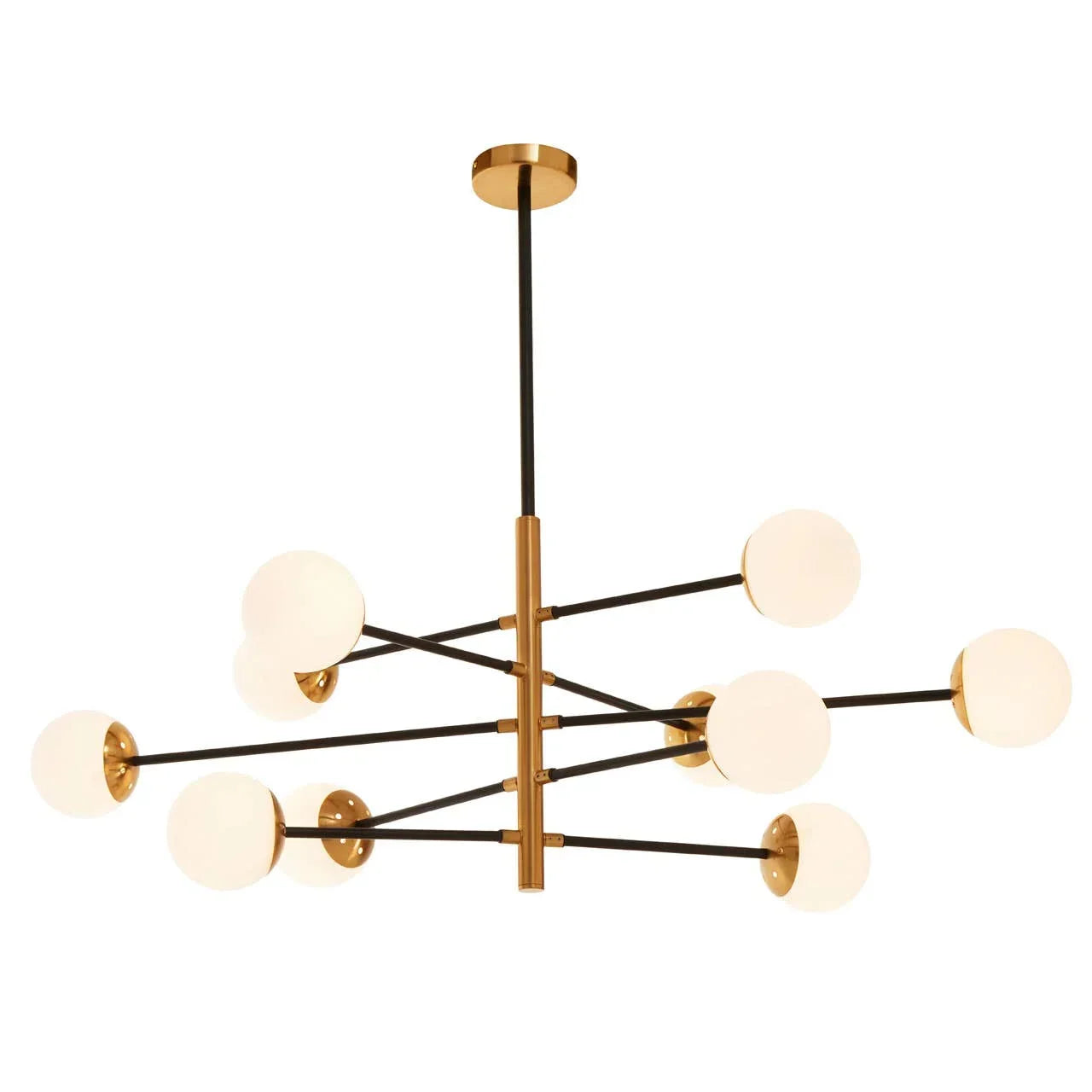modern gold and black chandelier with eight frosted glass globe lights, ceiling mounted