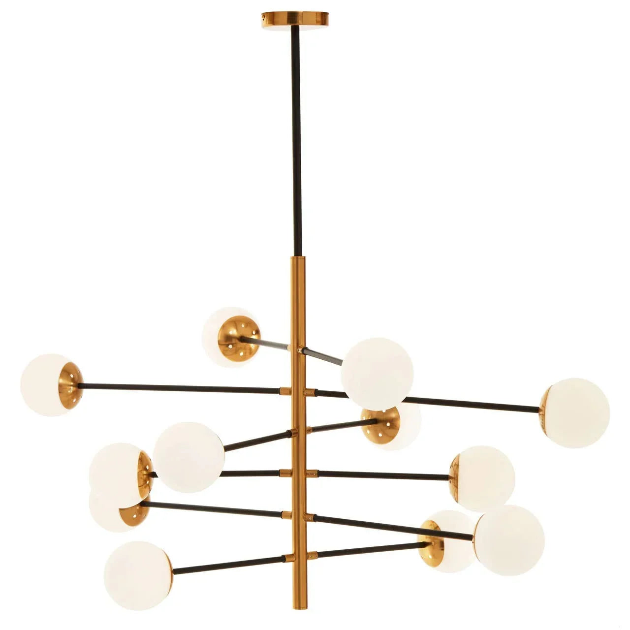 Modern chandelier with gold frame and frosted glass globes, twelve light arms