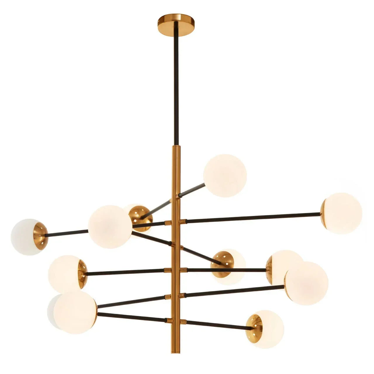 Modern gold chandelier with black arms and round frosted glass globe lights