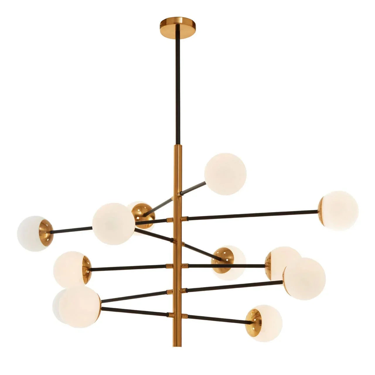 Modern gold and black chandelier with globe lights arranged on horizontal arms