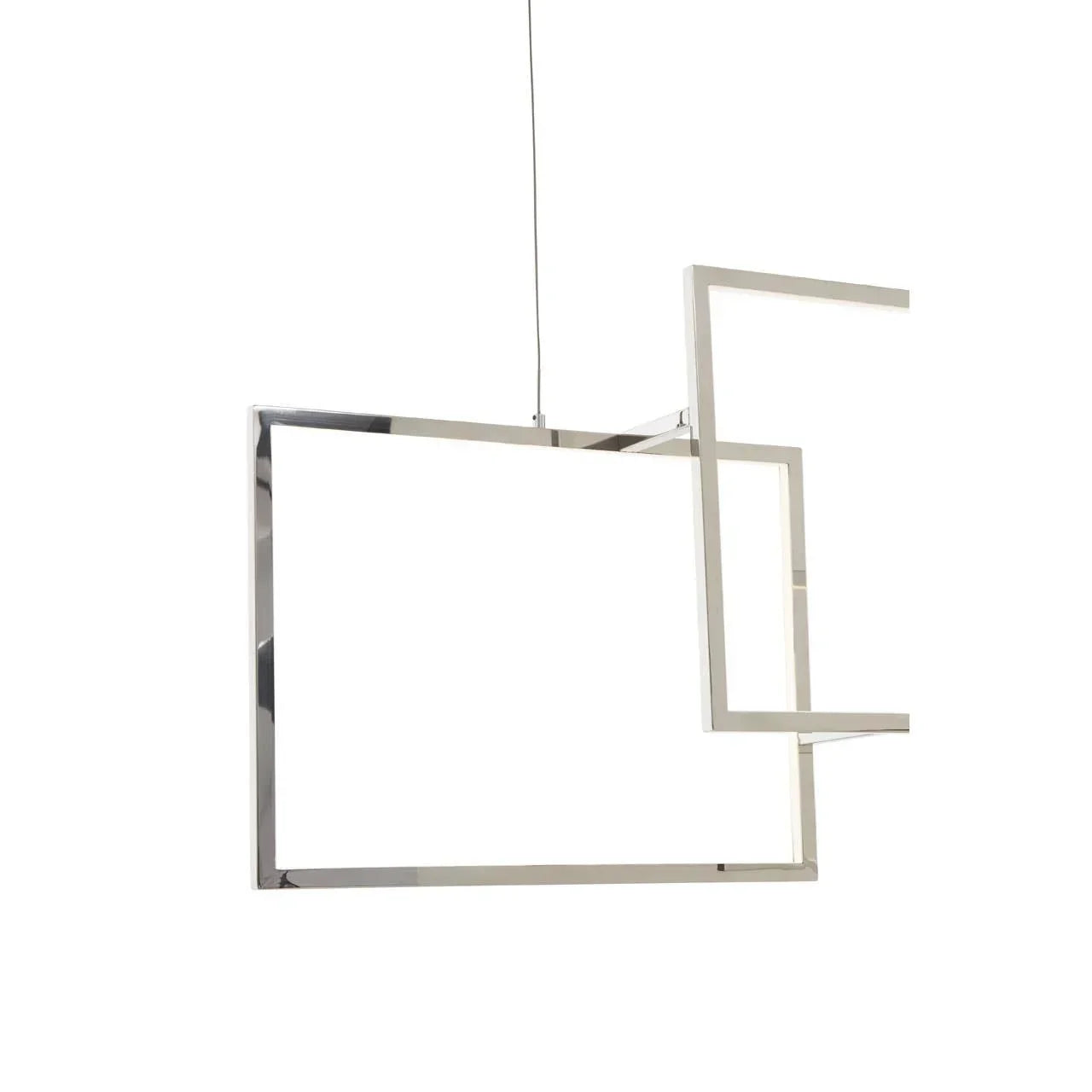 Chrome geometric pendant light with two intersecting rectangular frames, modern ceiling fixture