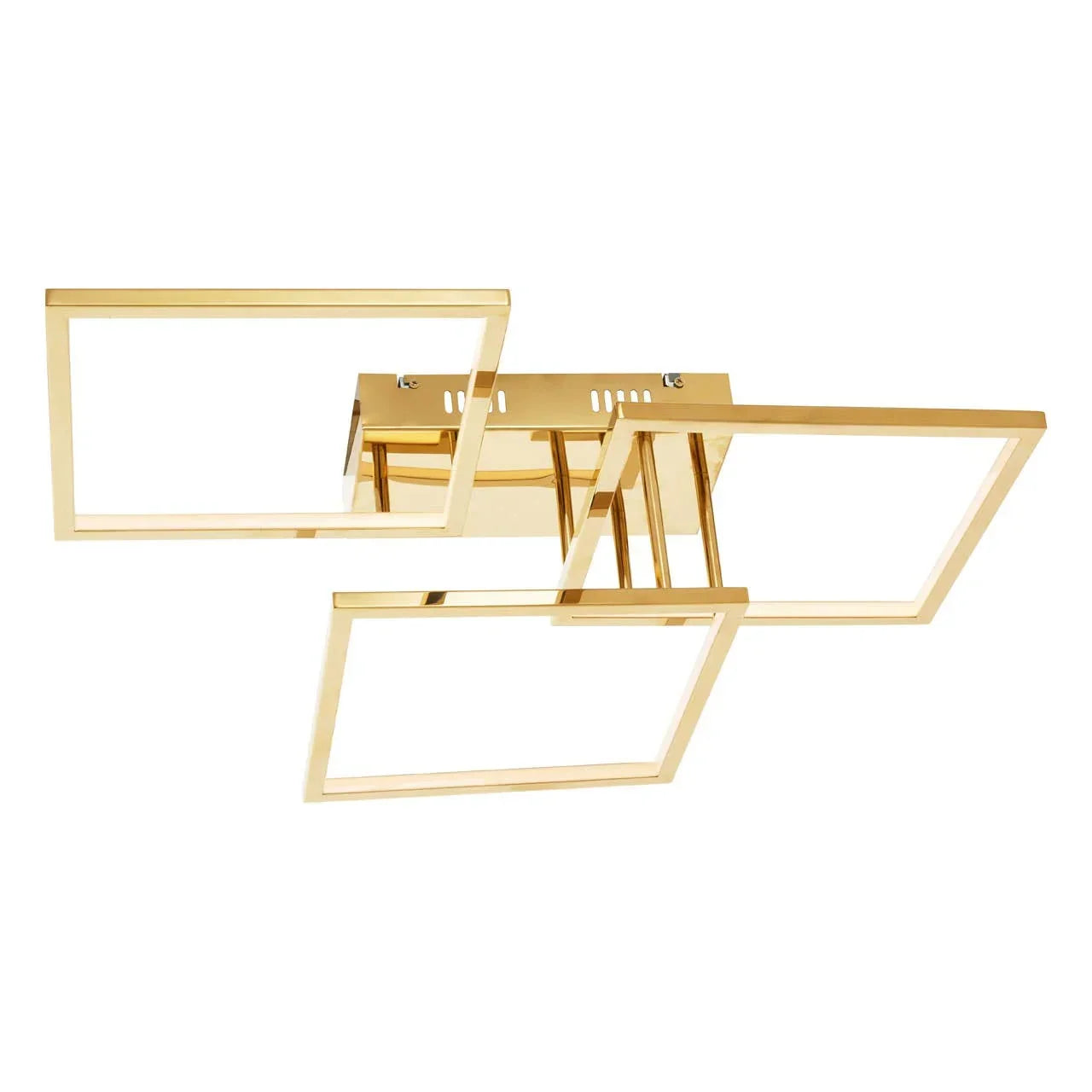 Gold ceiling light fixture with three square LED frames in modern geometric design