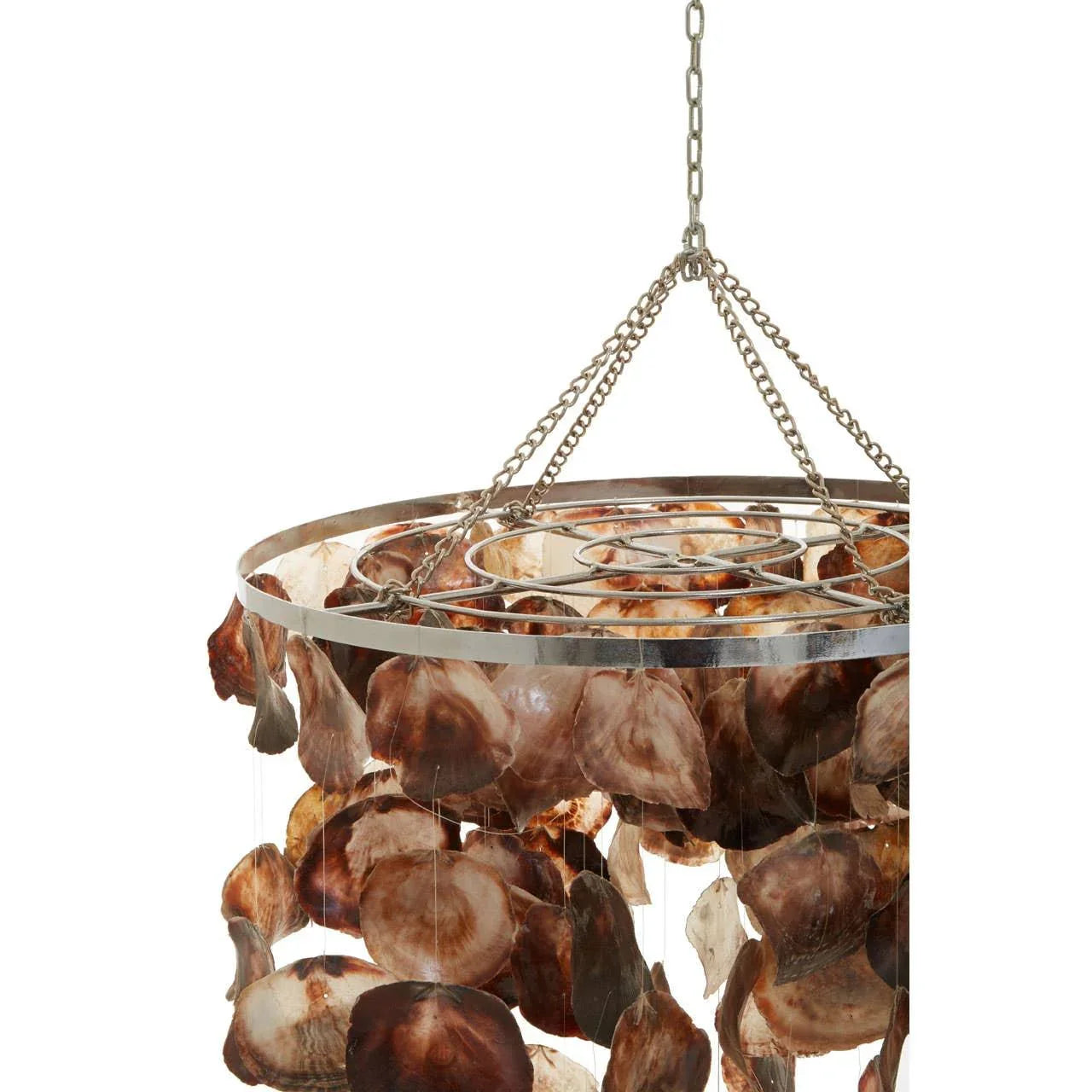 Brown shell chandelier with round chrome frame and chain hanging detail