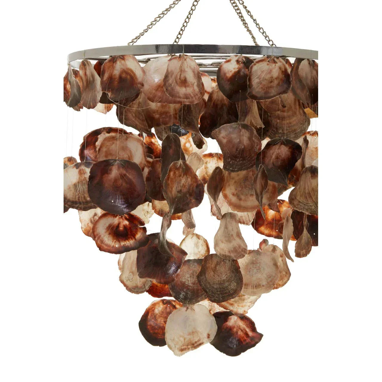 Shell chandelier with natural brown capiz discs and chrome frame, hanging by metal chains