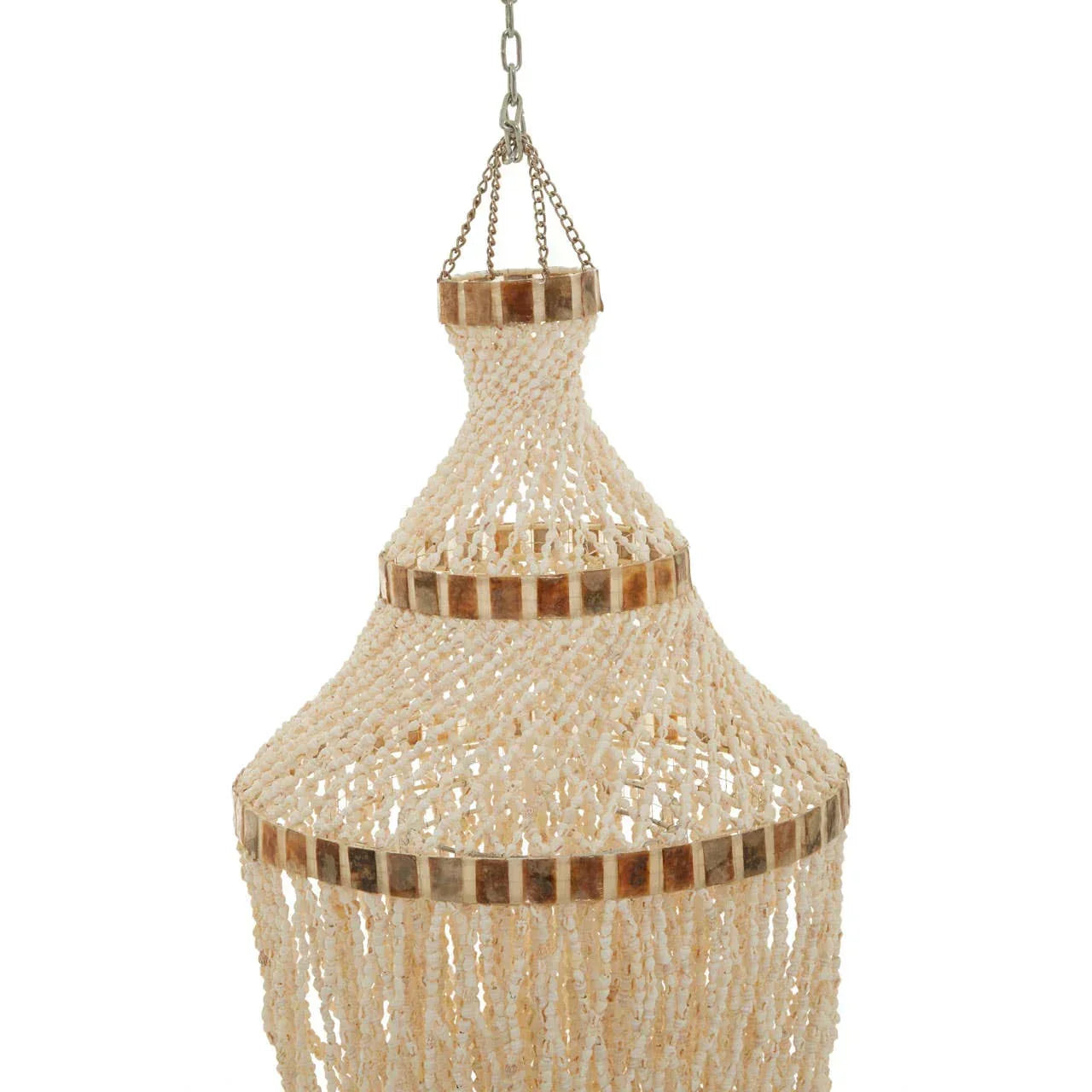 Beaded chandelier ceiling light with cream and brown tiered capiz shell details