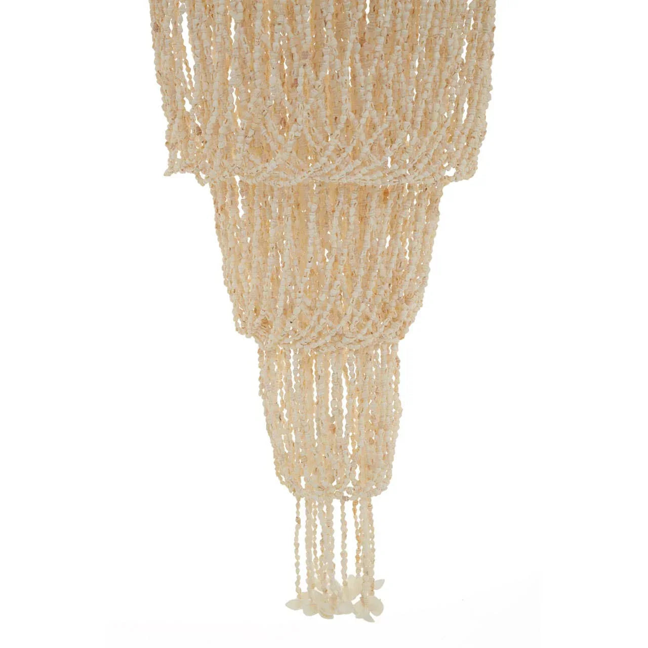 Close-up of cream beaded chandelier with layered hanging shell strands