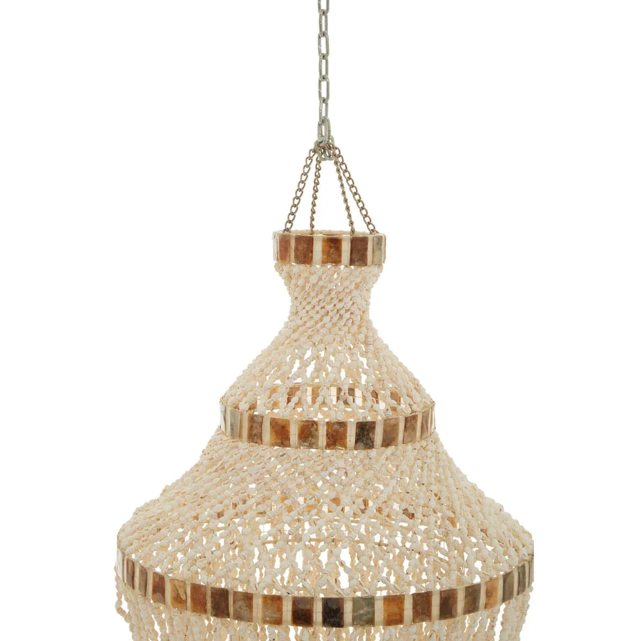 Beaded ceiling pendant light with layered shell detailing and metal chain suspension
