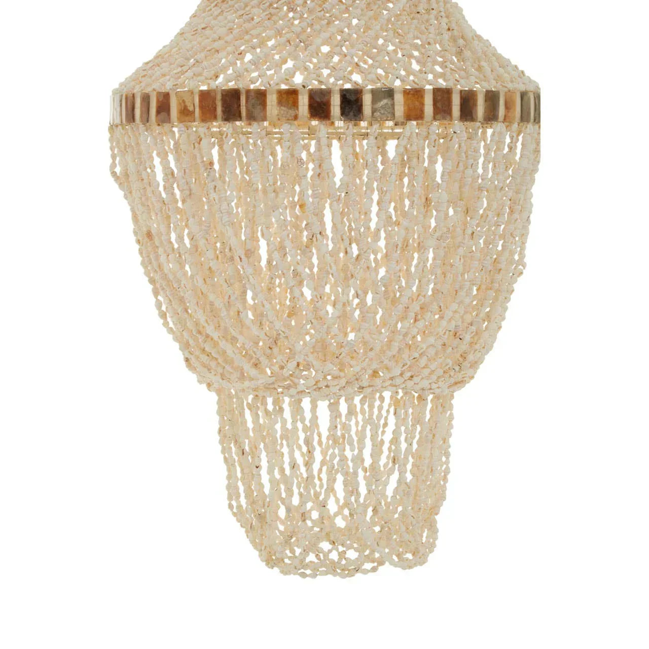 Beaded chandelier shade with cream beads and brown accent band, close-up view