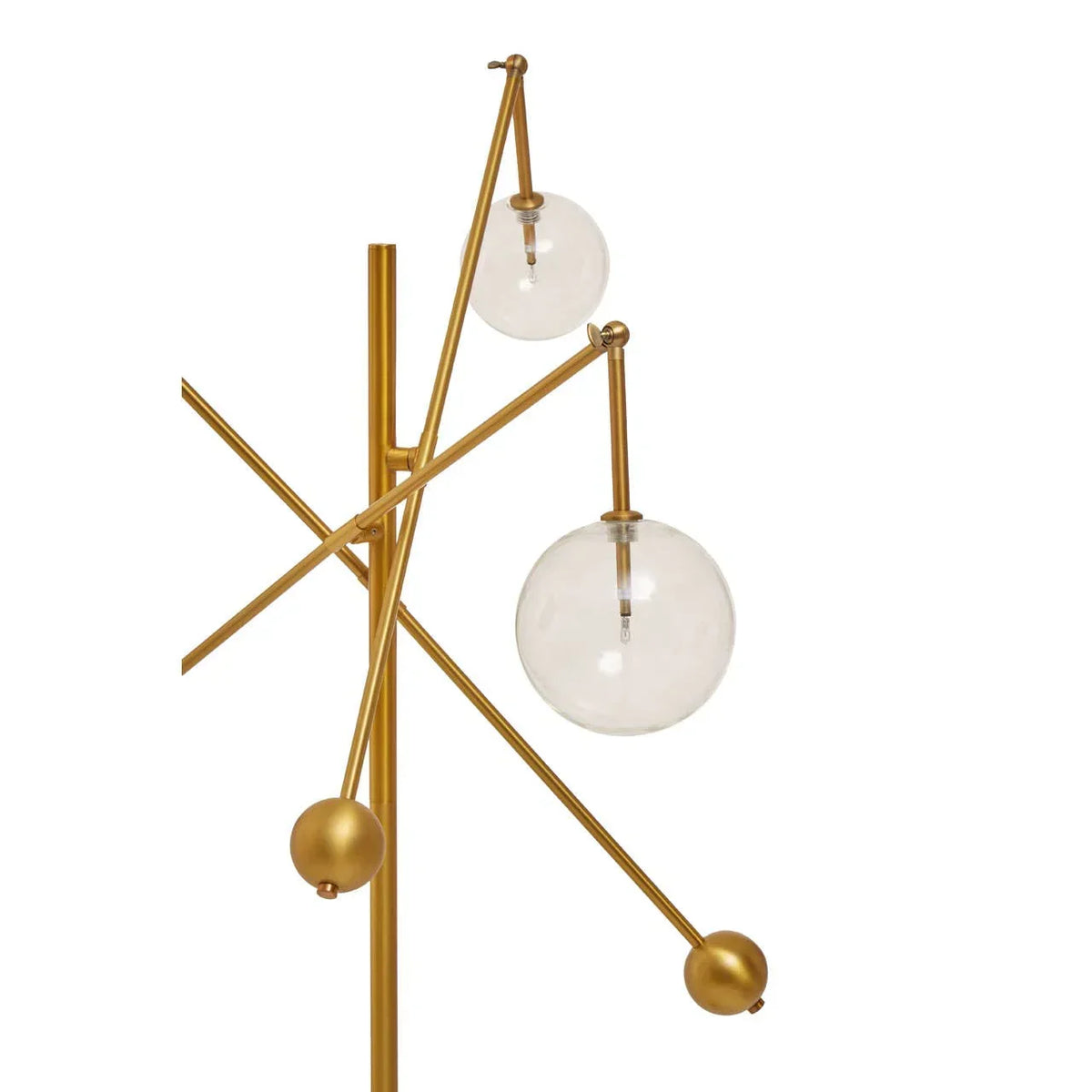 Gold floor lamp with intersecting rods and two glass globe light shades