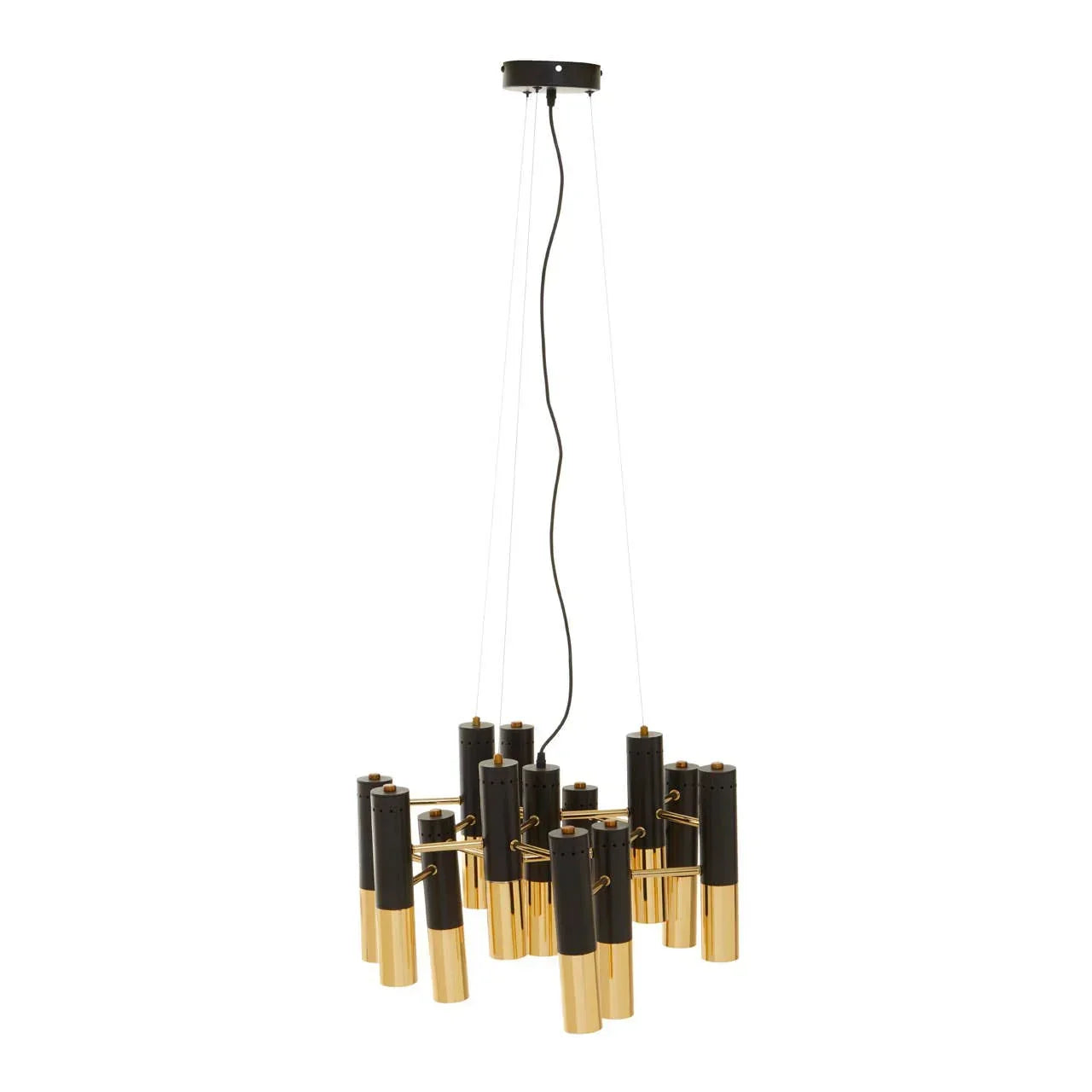 Modern gold and black ceiling pendant light with clustered cylindrical metal shades