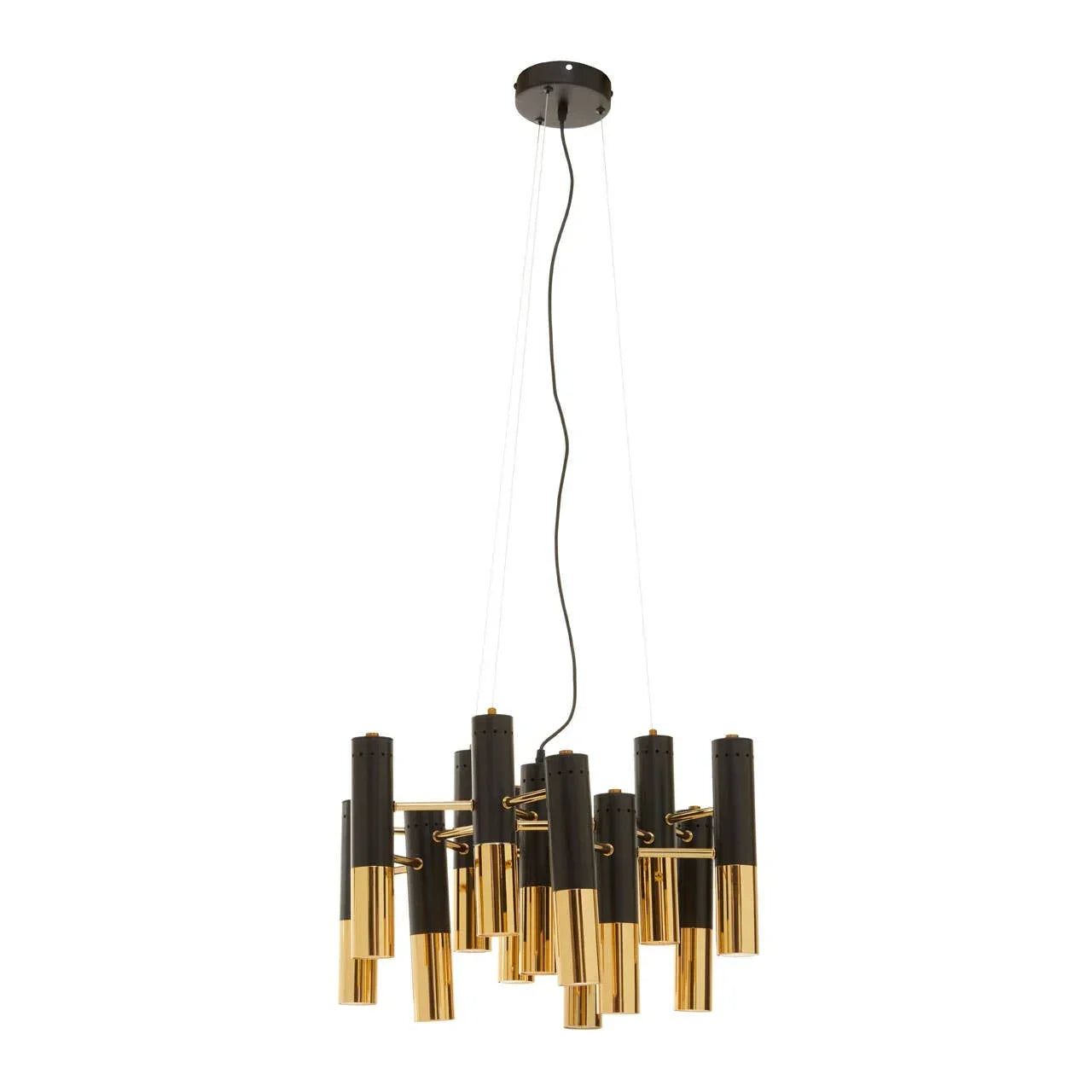 Modern black and gold chandelier with cylindrical pendant lights, suspended from ceiling