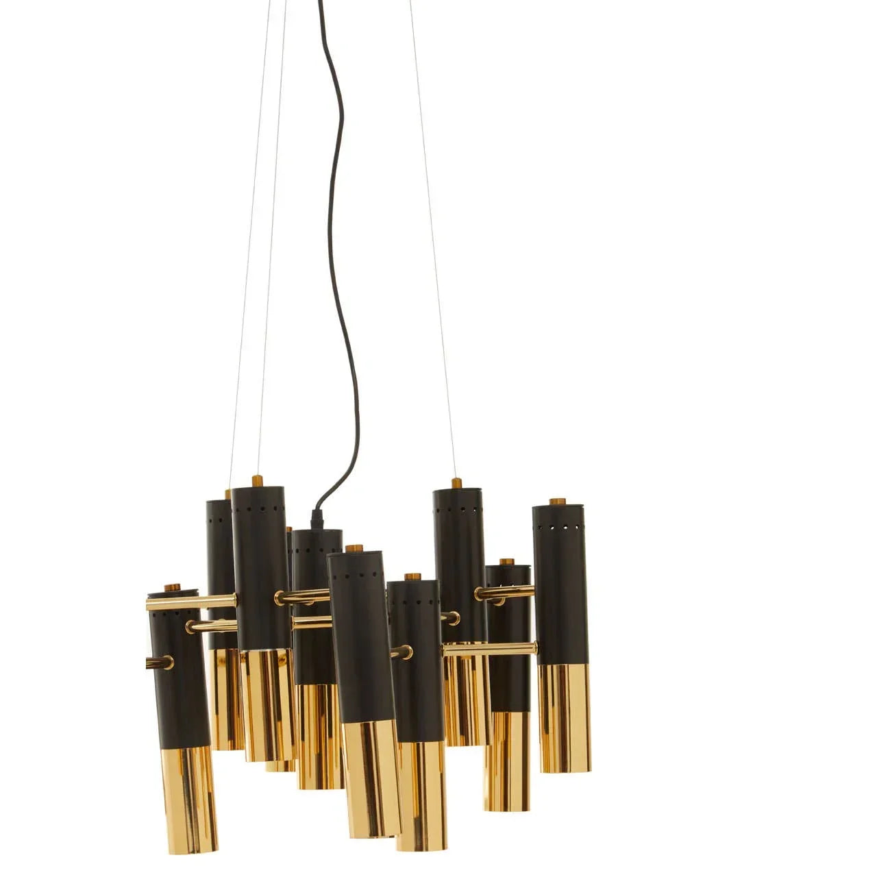Modern black and gold metal chandelier with multiple cylindrical pendant lights