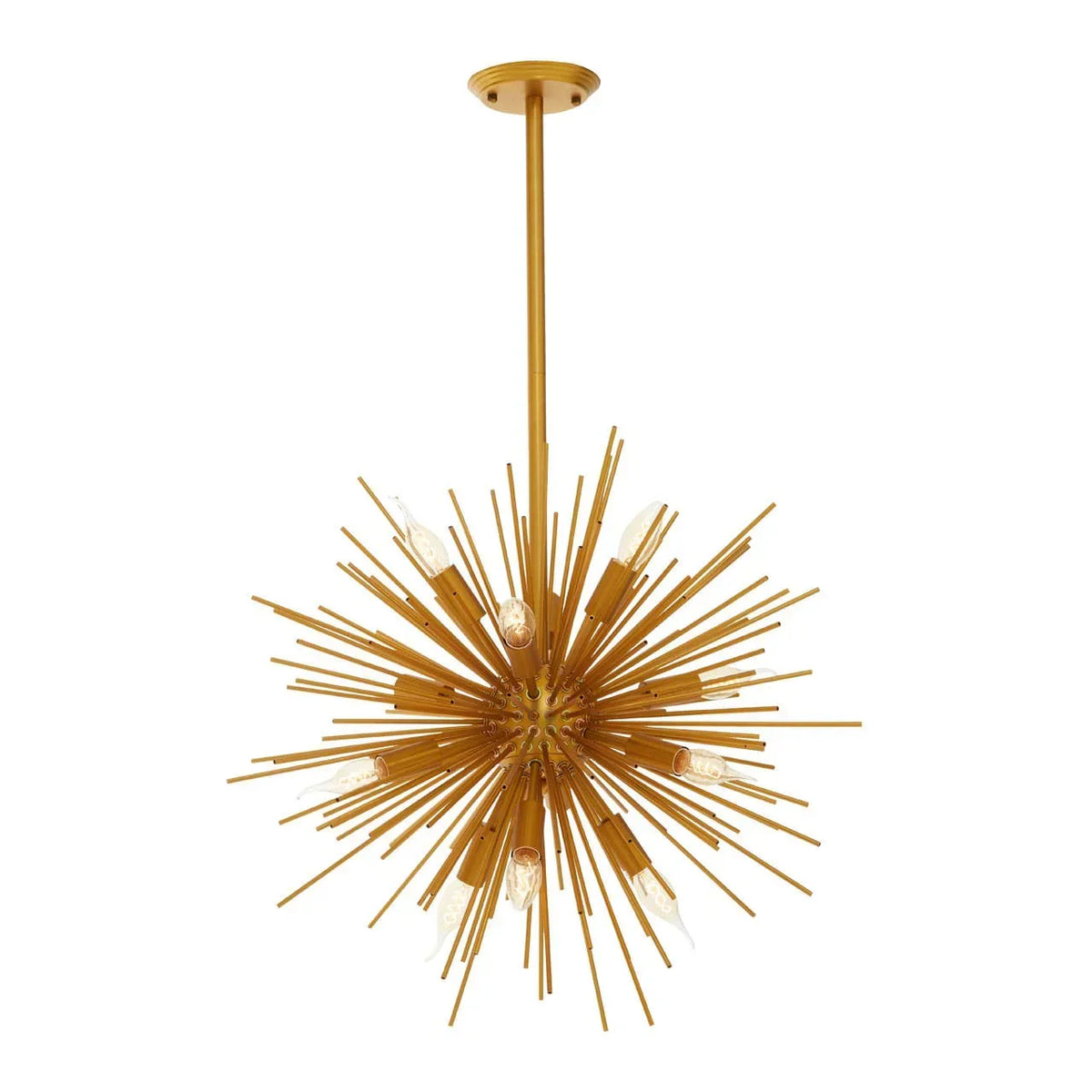 Gold sputnik chandelier with multiple exposed bulbs and metal rods against white background