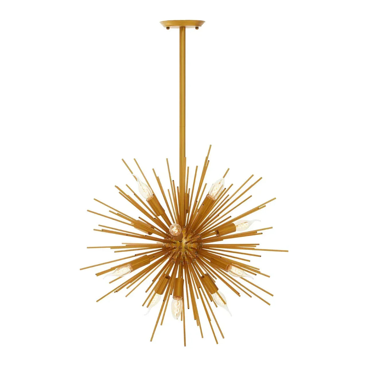 Gold sputnik chandelier with exposed bulbs and metal rods, hanging from ceiling mount