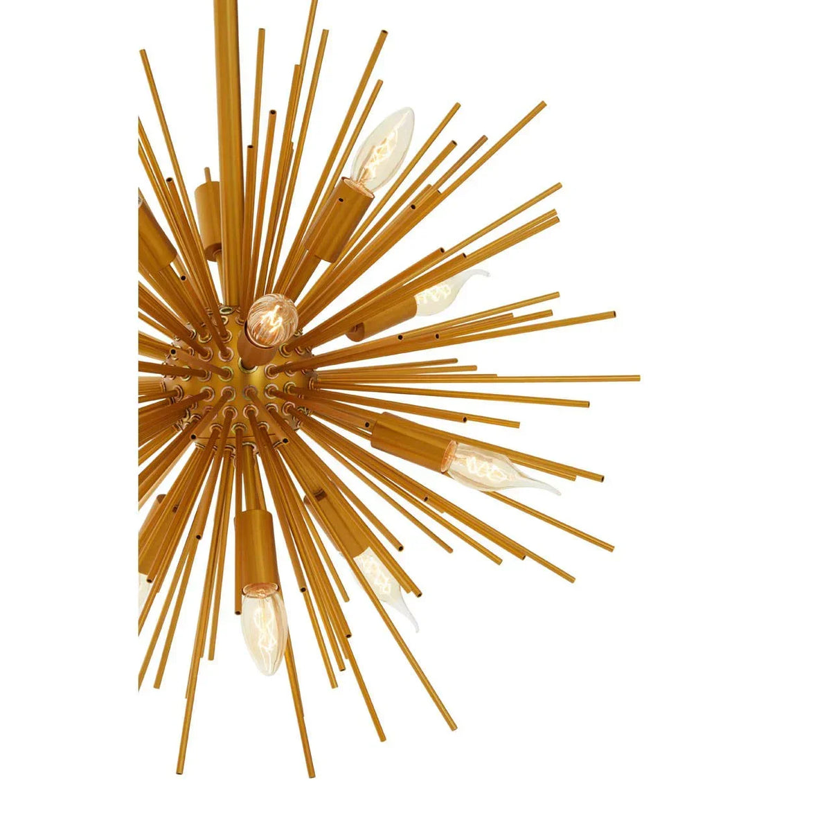 Gold sputnik chandelier with exposed bulbs and metal rods in modern lighting design