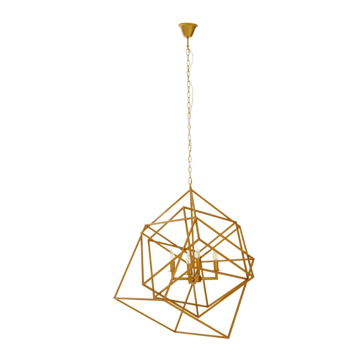 Gold geometric pendant light with exposed bulbs and angular metal frame on chain