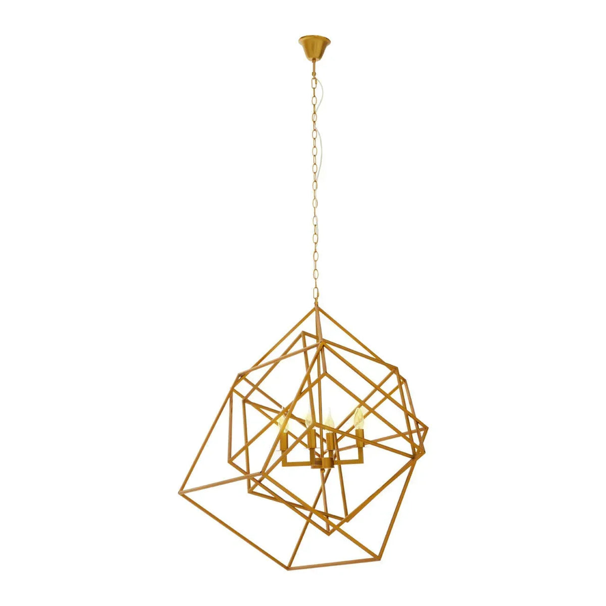 Gold geometric pendant light with exposed bulbs suspended from ceiling chain