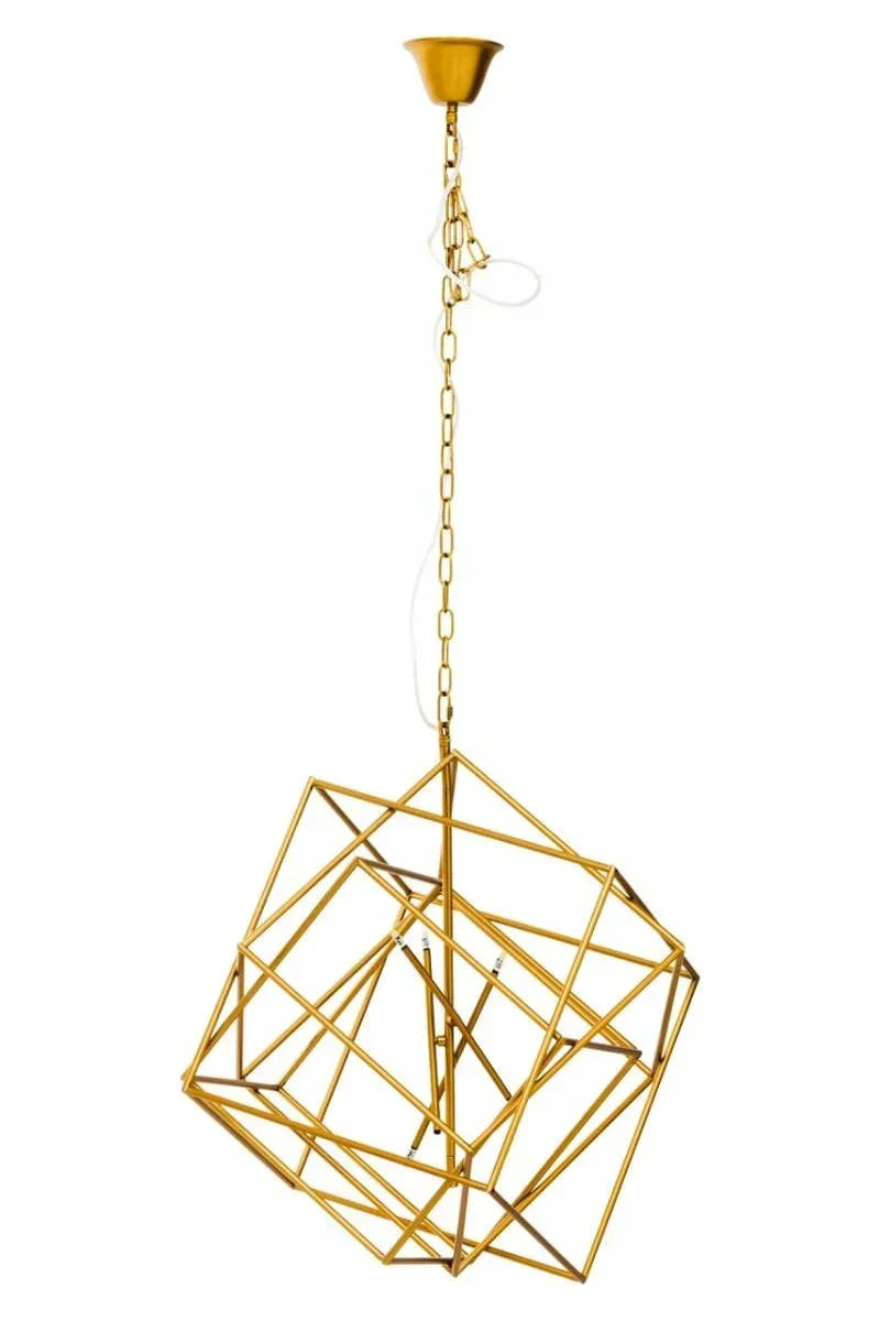 Gold geometric pendant light with chain and open metal frame hanging against white background