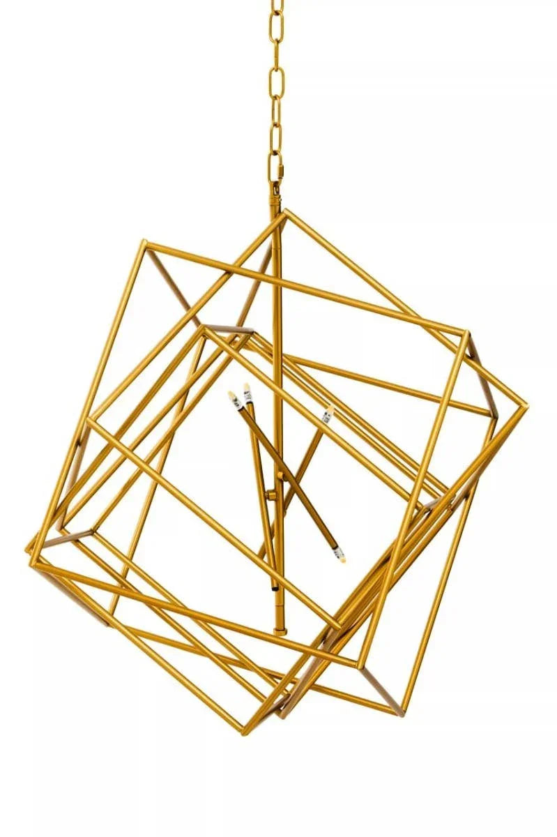 Gold geometric pendant light with intersecting metal cube frames and ceiling chain