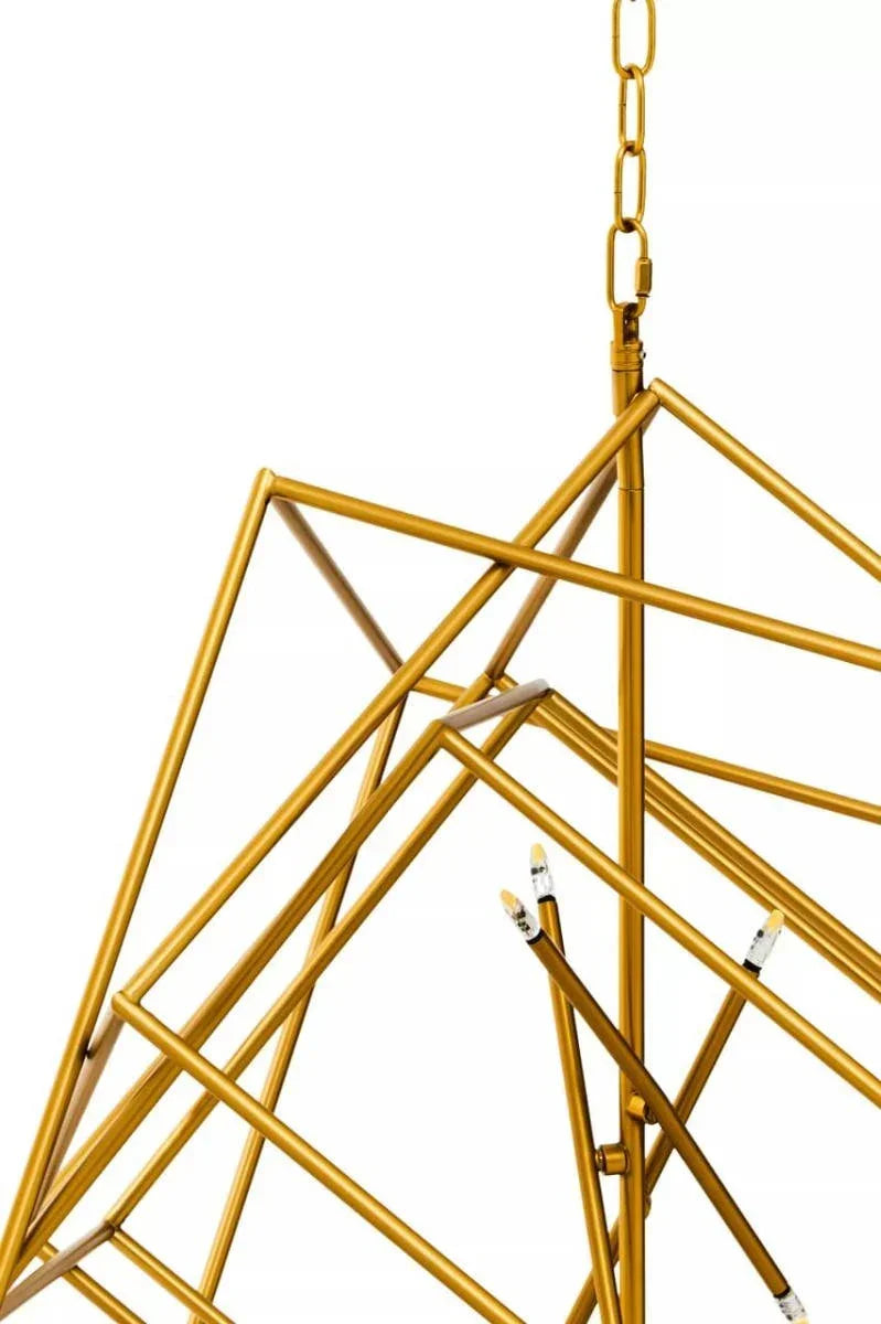 Gold geometric pendant light with metal rods and exposed bulbs against white background