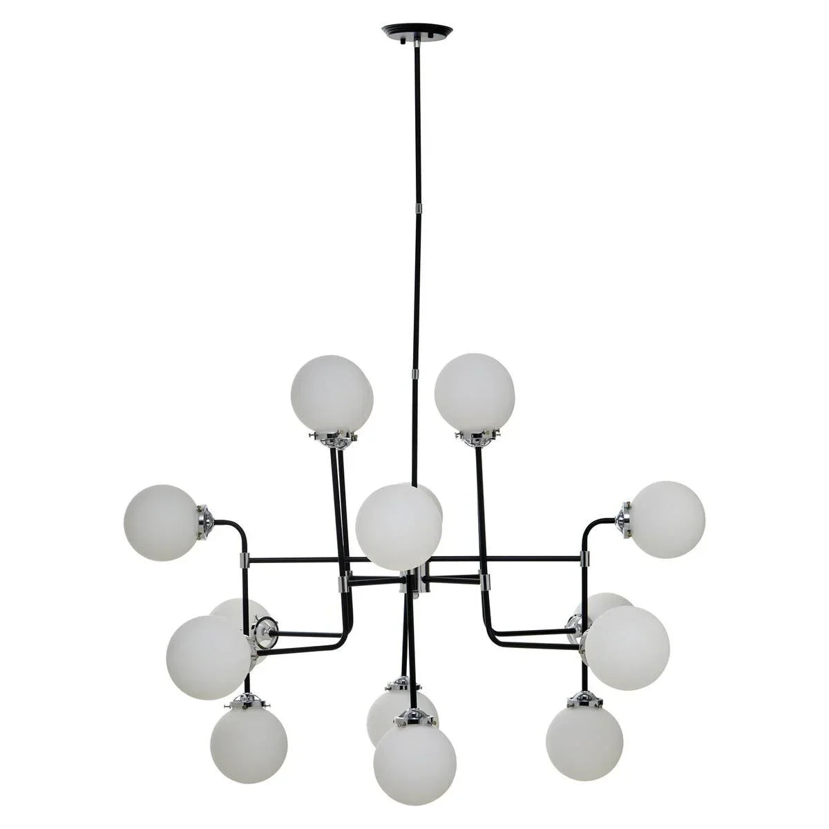 Modern chandelier with black frame and twelve frosted glass globe lights