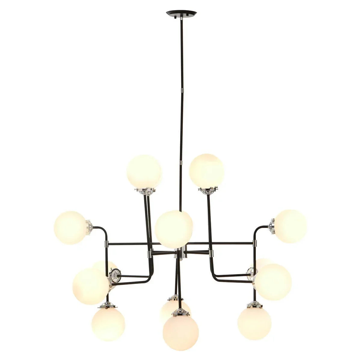 Modern black metal chandelier with 12 frosted glass globe lights, ceiling mounted