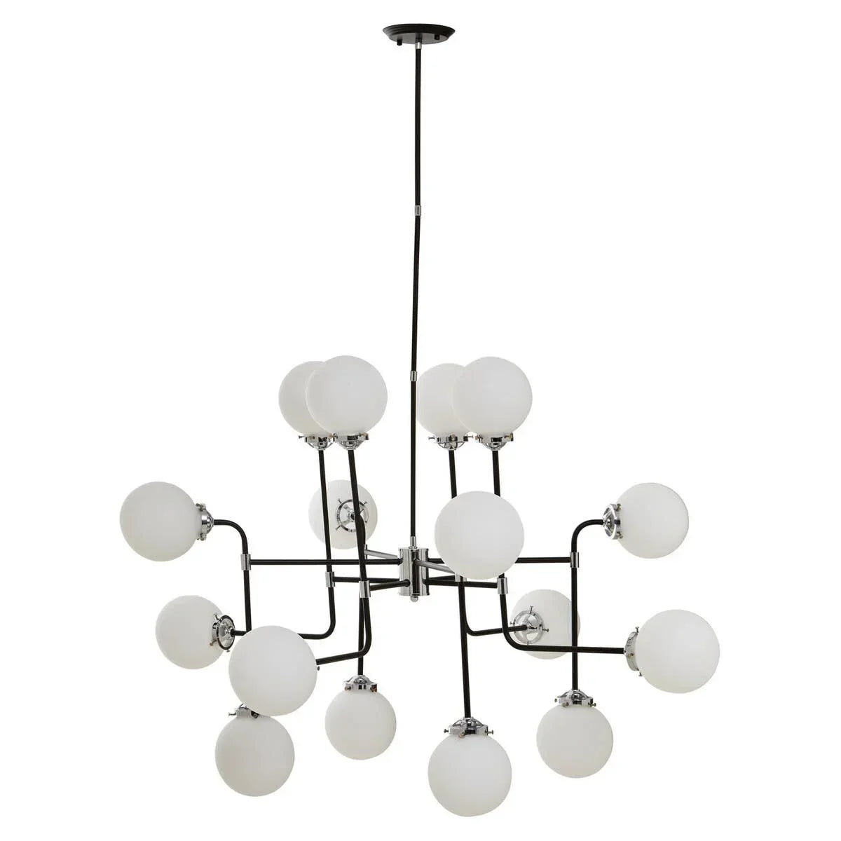 Modern black and chrome chandelier with frosted glass globe lights, suspended from ceiling