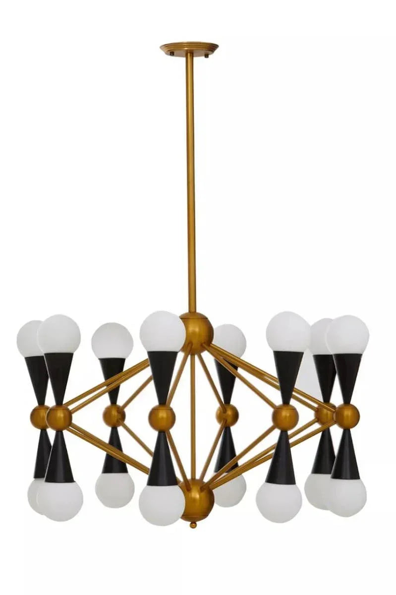 Brass and black modern chandelier with spherical white bulbs, geometric design