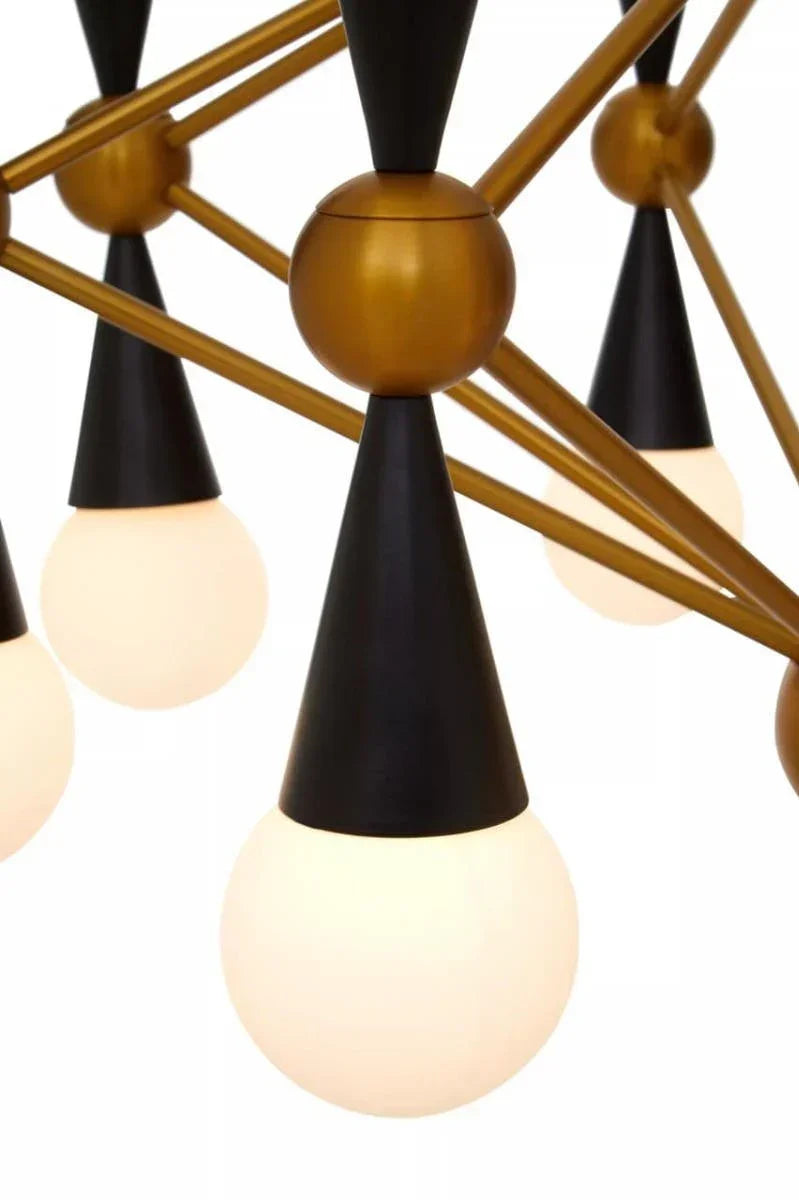 Modern chandelier with brass arms and black cone fittings holding round frosted bulbs