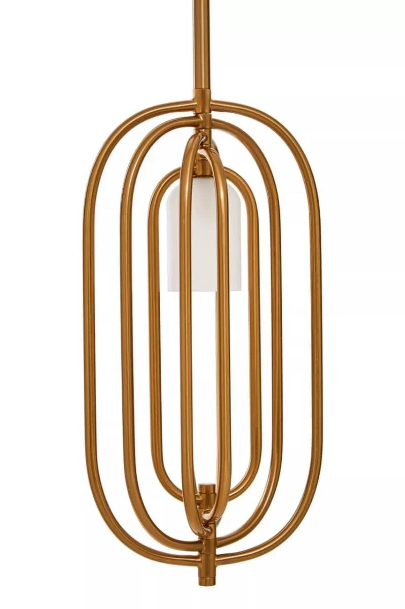 Gold modern pendant light with oval metal frame and central white shade