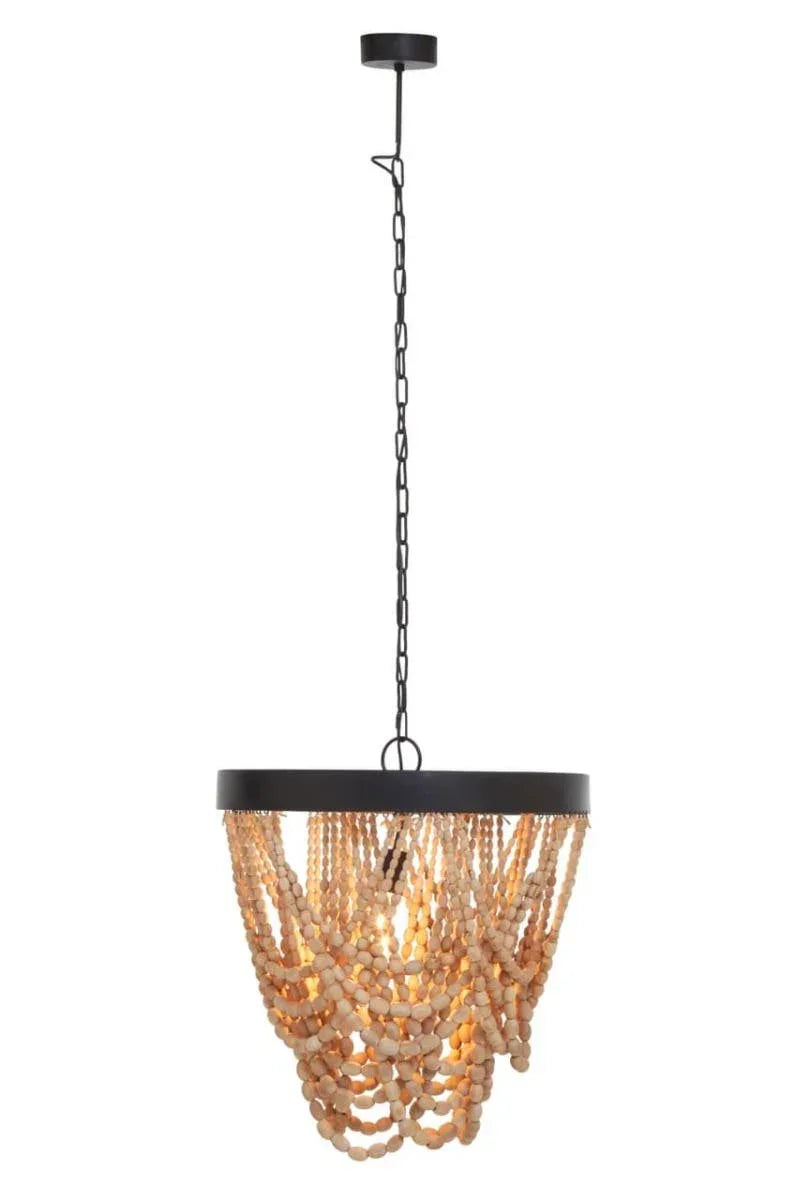 Wood bead chandelier with black metal frame and chain hanging light