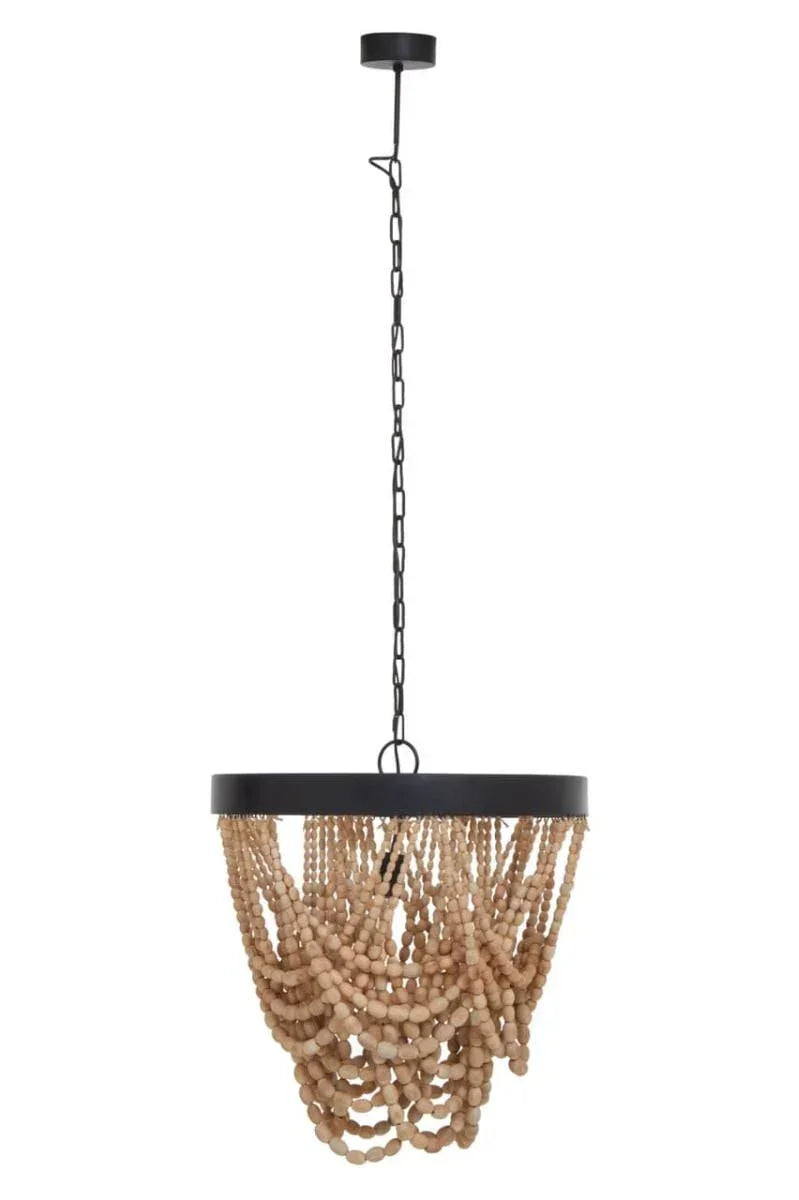 Wood bead chandelier with black metal frame and hanging chain, modern ceiling light