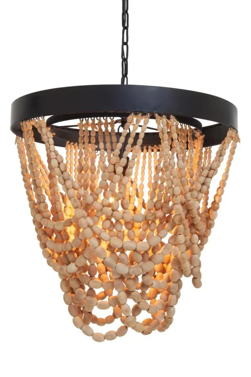 Wood beaded chandelier with black metal frame and draped strands, illuminated softly