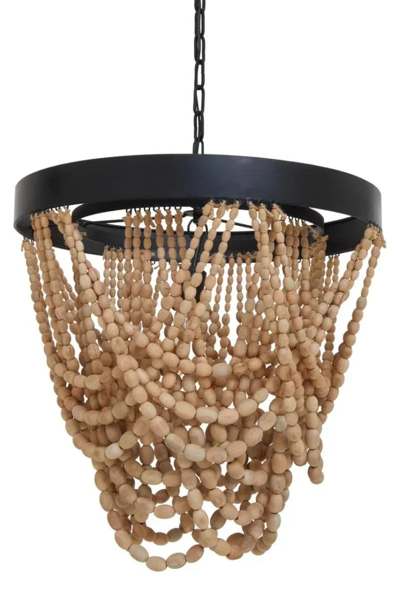 Wood bead chandelier with black metal frame and hanging chain, boho lighting design
