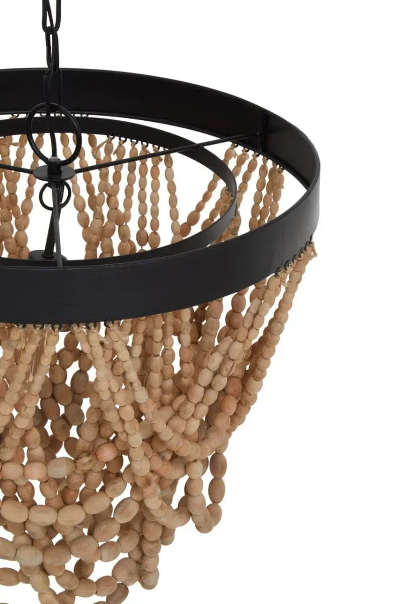 Wood bead chandelier with black metal frame in close-up side view