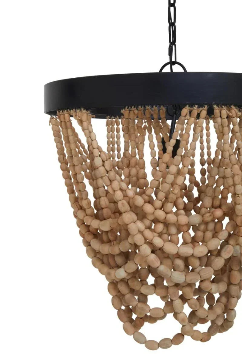 Wood bead chandelier with black frame and hanging natural wooden beads close-up