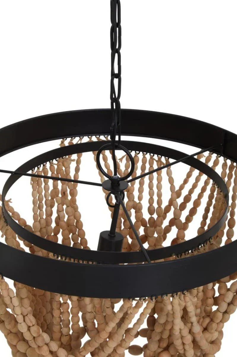 Black metal and wooden bead chandelier with chain detail, close up of hanging light fixture