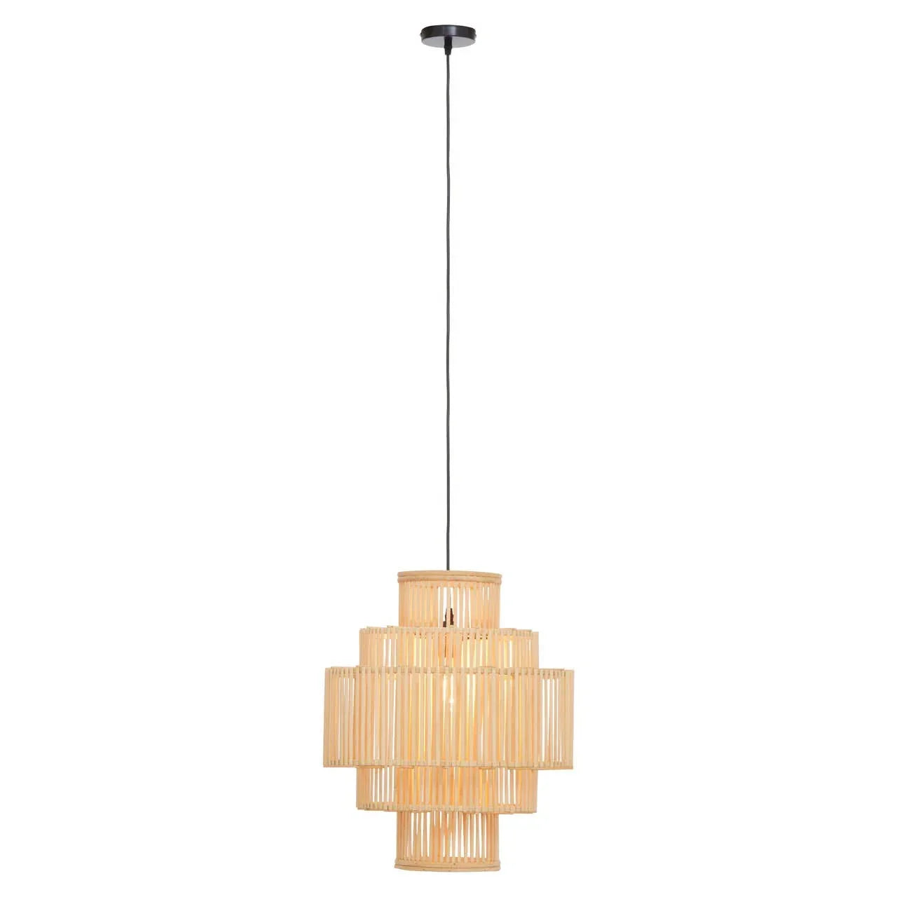 Natural rattan pendant ceiling light with tiered cylindrical shade and black cord