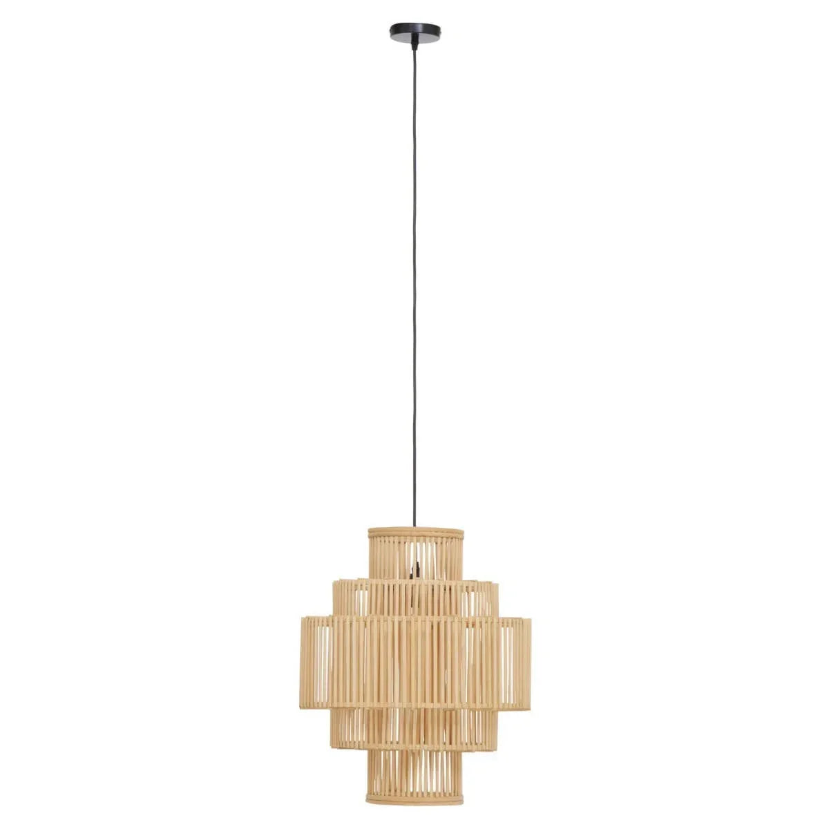 Natural wood pendant light with layered slatted design hanging from black cord