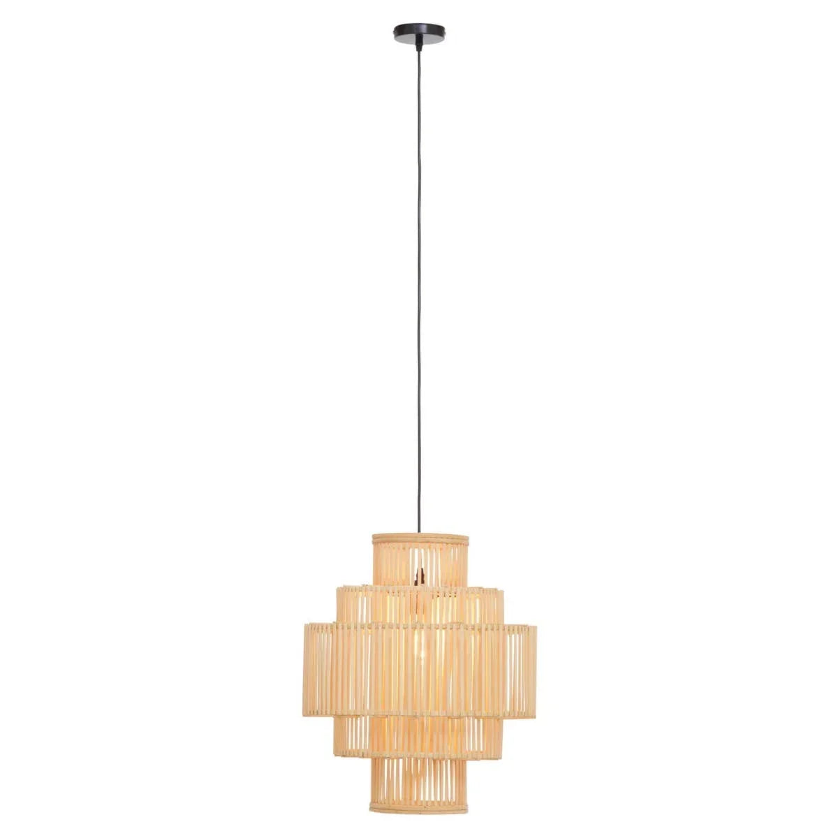 Natural wood pendant light with tiered slatted design and black ceiling mount