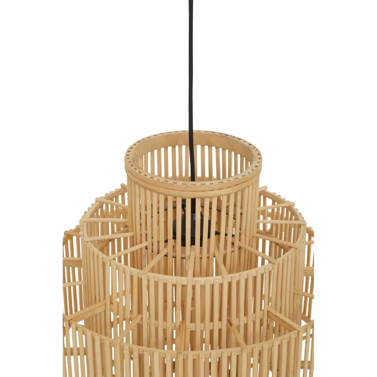 Natural bamboo pendant light with geometric open-weave design and black ceiling cord