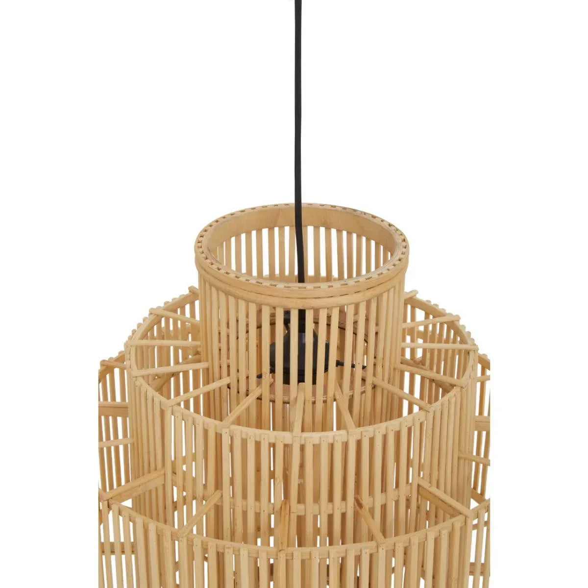 Natural rattan pendant light shade with tiered geometric design and black ceiling cable