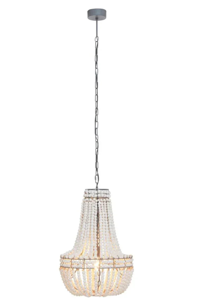 White beaded chandelier pendant light with metal chain and warm interior lighting