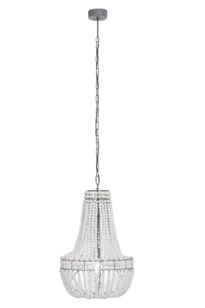 White beaded chandelier pendant light with metal chain for ceiling decor