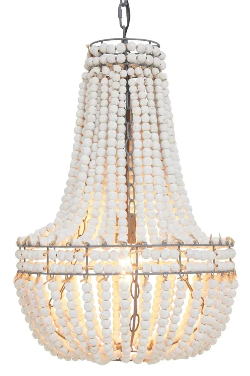 White wood bead chandelier with metal frame and hanging chain, lit from within