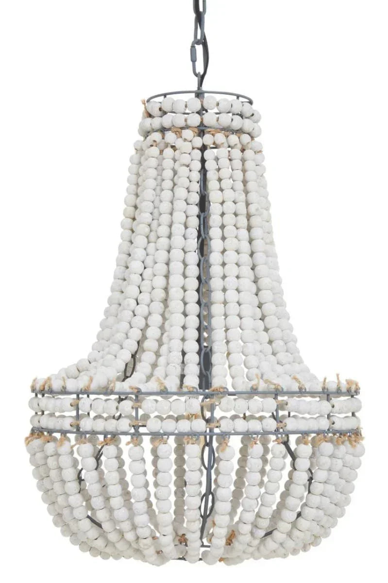 White beaded chandelier with tiered wooden beads and metal frame, hanging pendant light