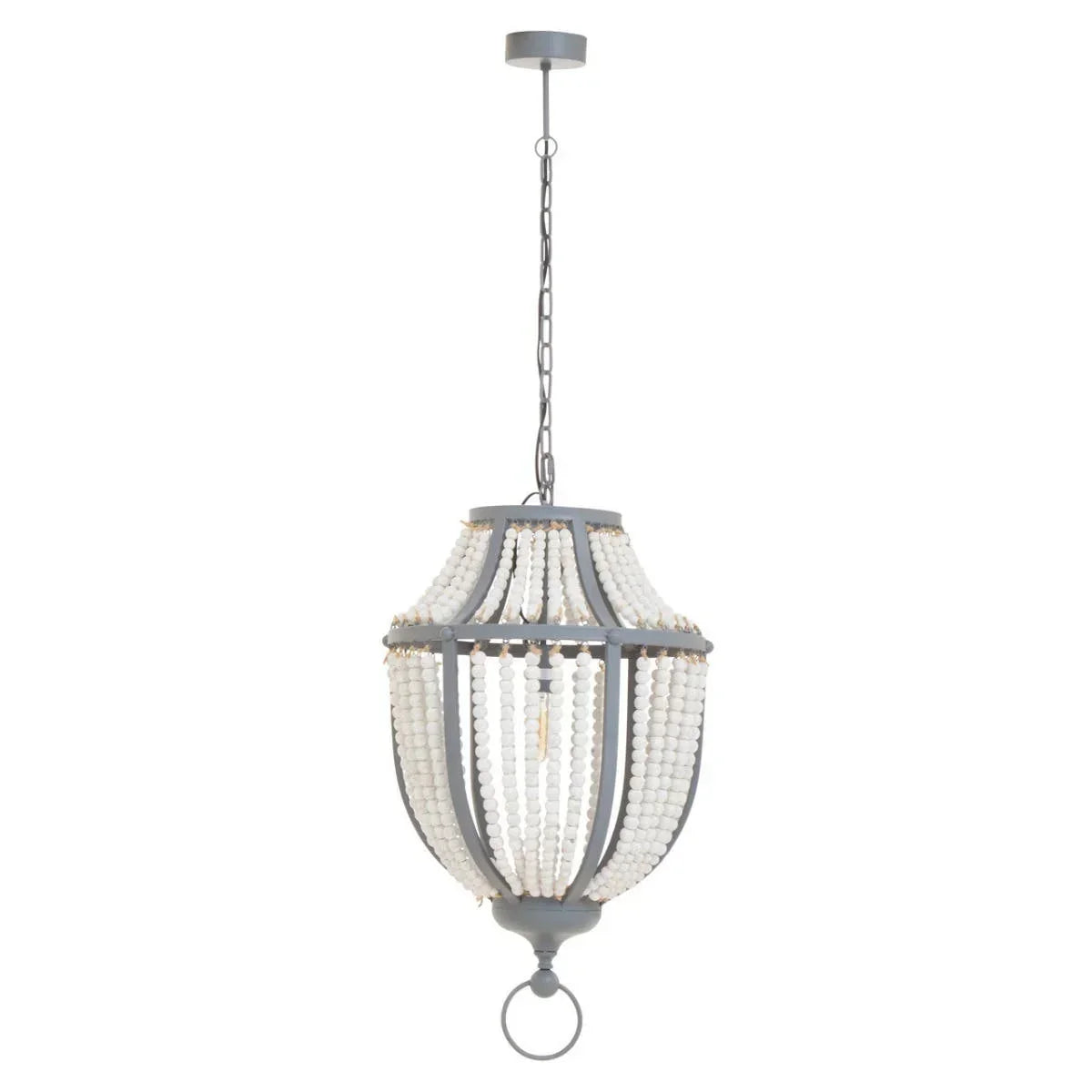 Grey and white beaded chandelier pendant light with metal frame and chain hanging mount