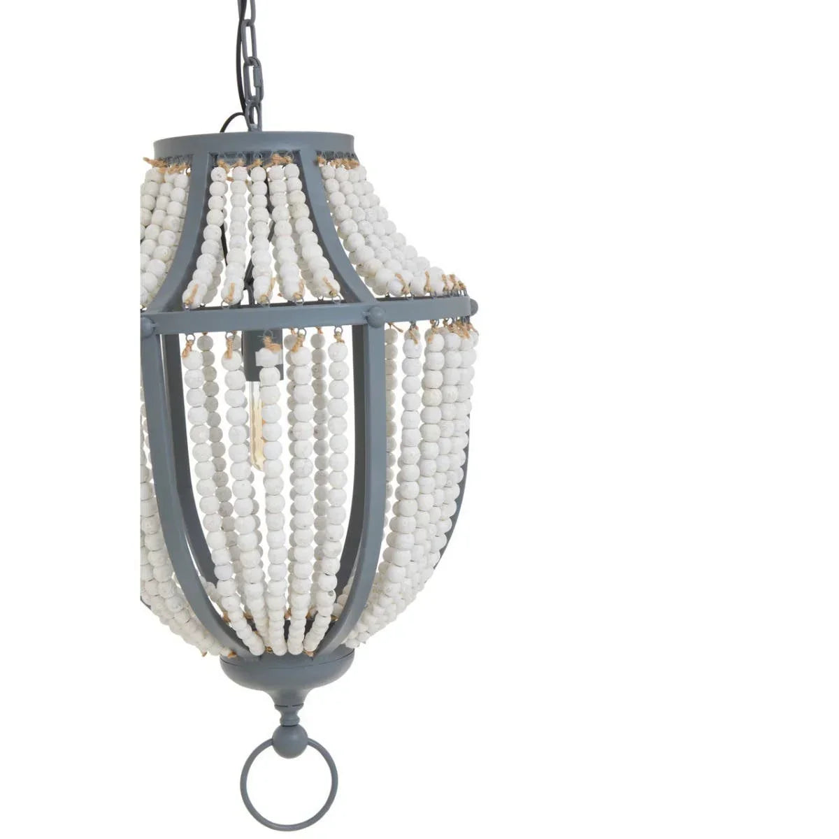 Grey metal chandelier with white wooden bead strands and hanging chain
