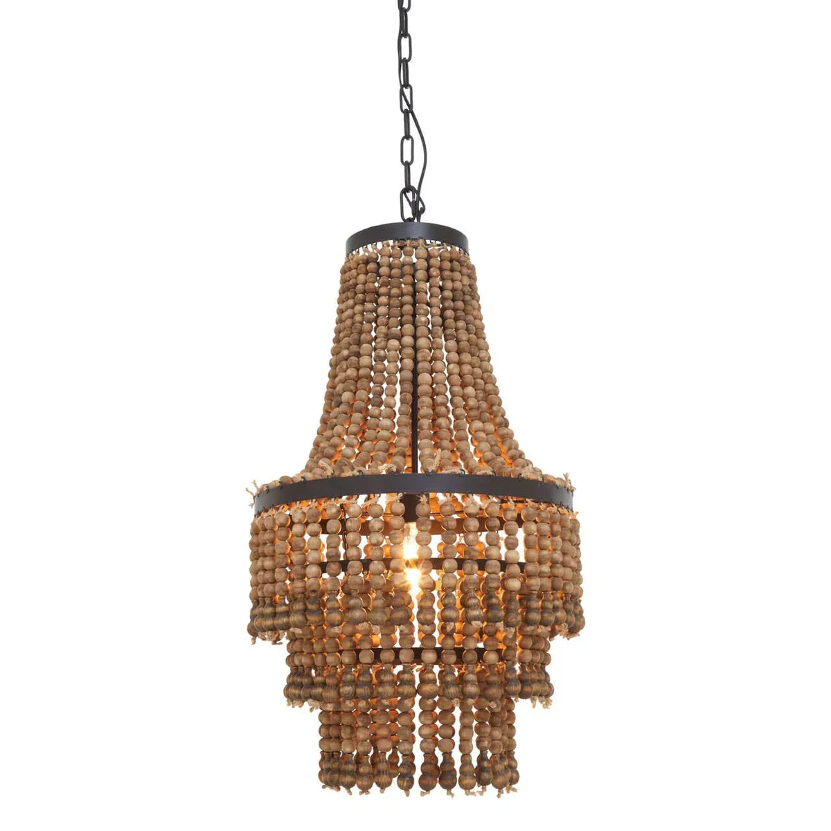 Wood bead chandelier pendant light with black metal frame, hanging from chain